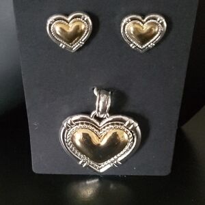 Gold and Silver Plated Heart-Shaped Pendant and Pierced Earring Set  NWOT